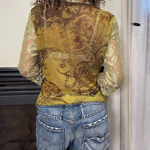 Italian Vintage 00s boho green floral sheer mesh & lace blouse (M) fairy grunge - Picture 5 of 9